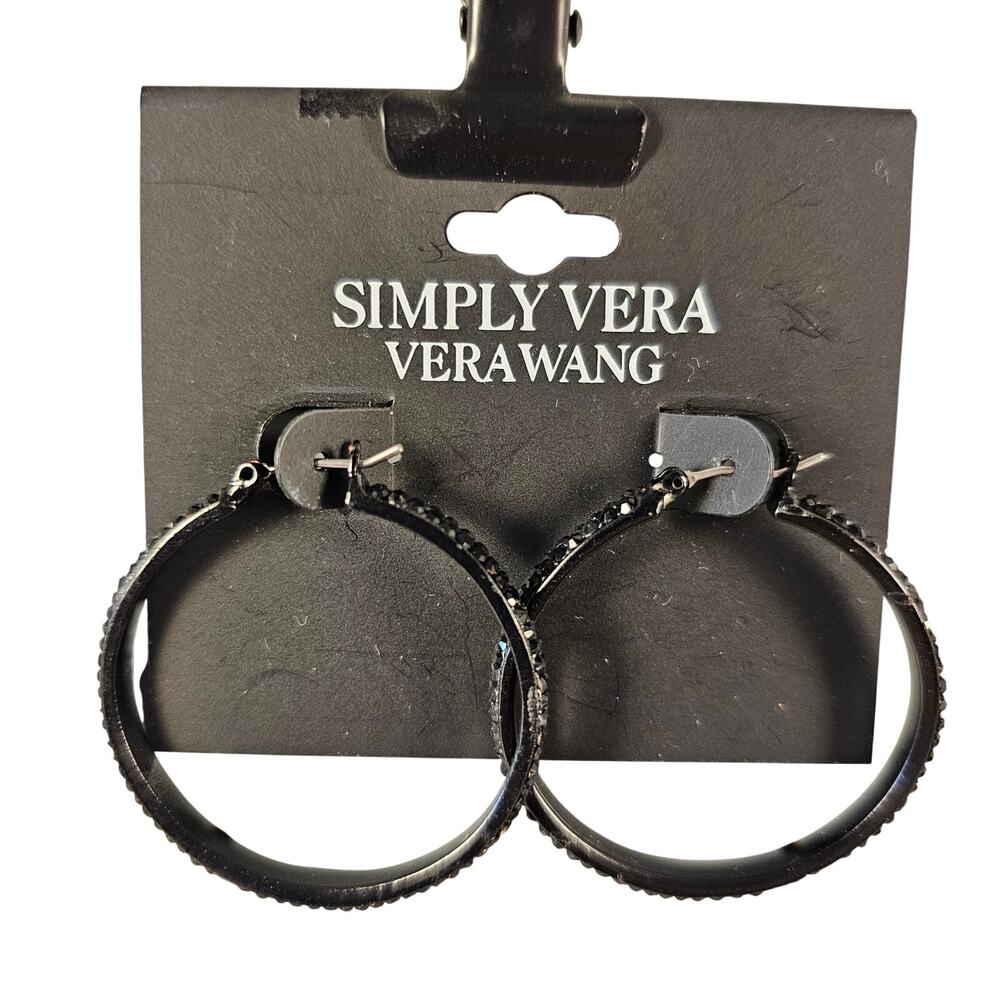 Simply Vera Vera Wang Black Rhinestone Hoop Earrings 1.62” New Metal Sparkle